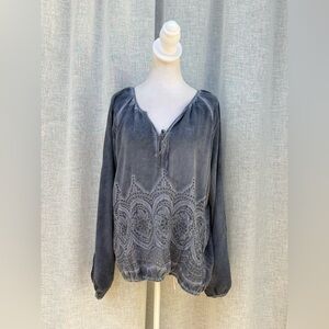 True Religion blue long sleeve fen wash silk embroidered blouse